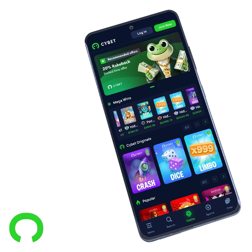Cybet is a modern and user-friendly gambling app offering up to $500 and 50 free spins for new users.