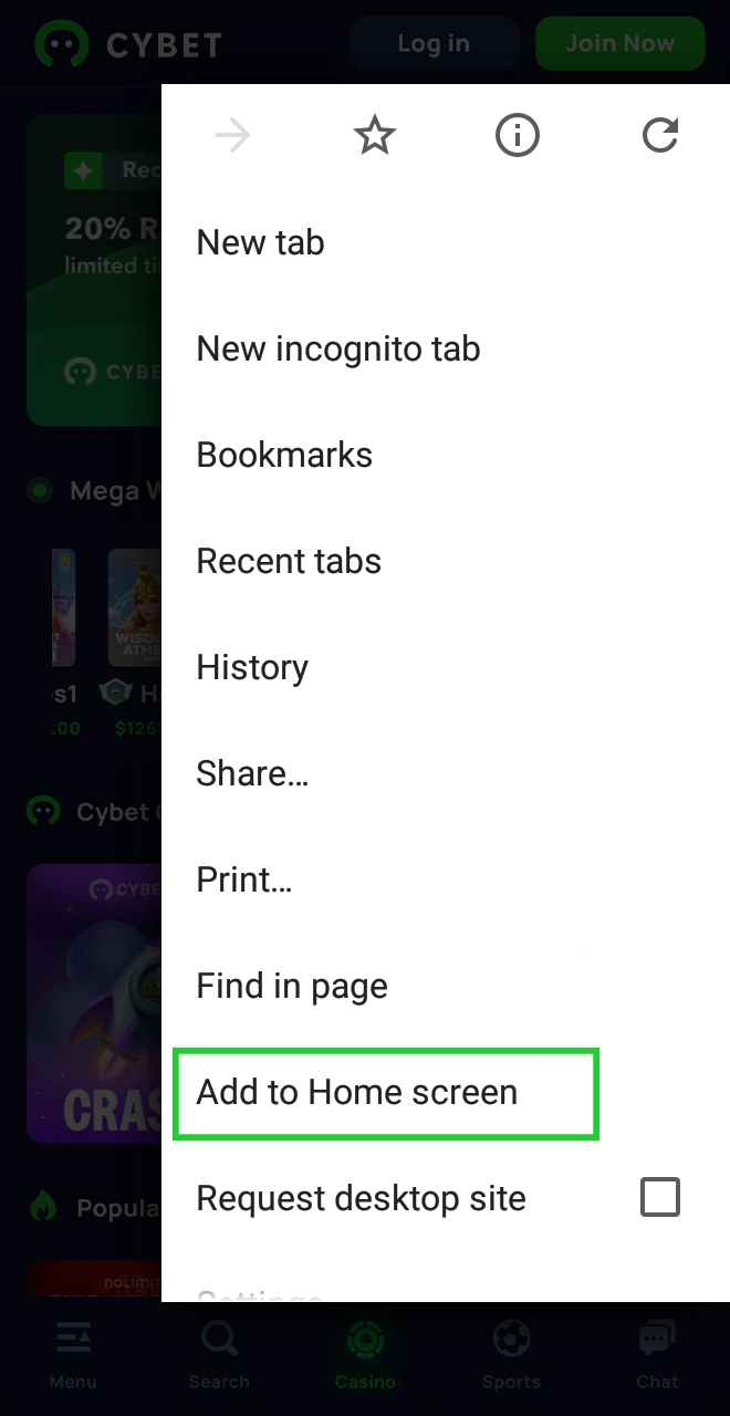 Select Add to Home Screen to create a shortcut on your device.