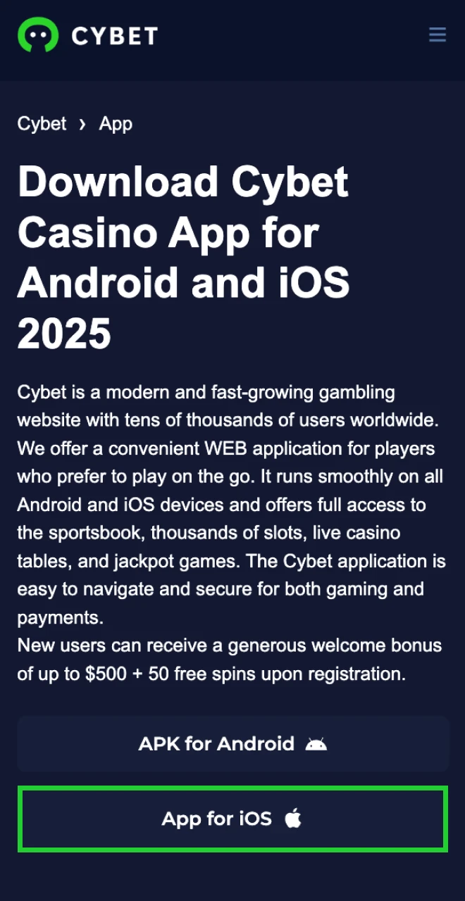 Install the Cybet online casino app on your iOS phone and play anytime.