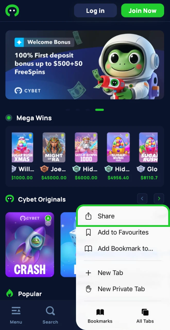 To install Cybet online casino, find the share button in your browser.