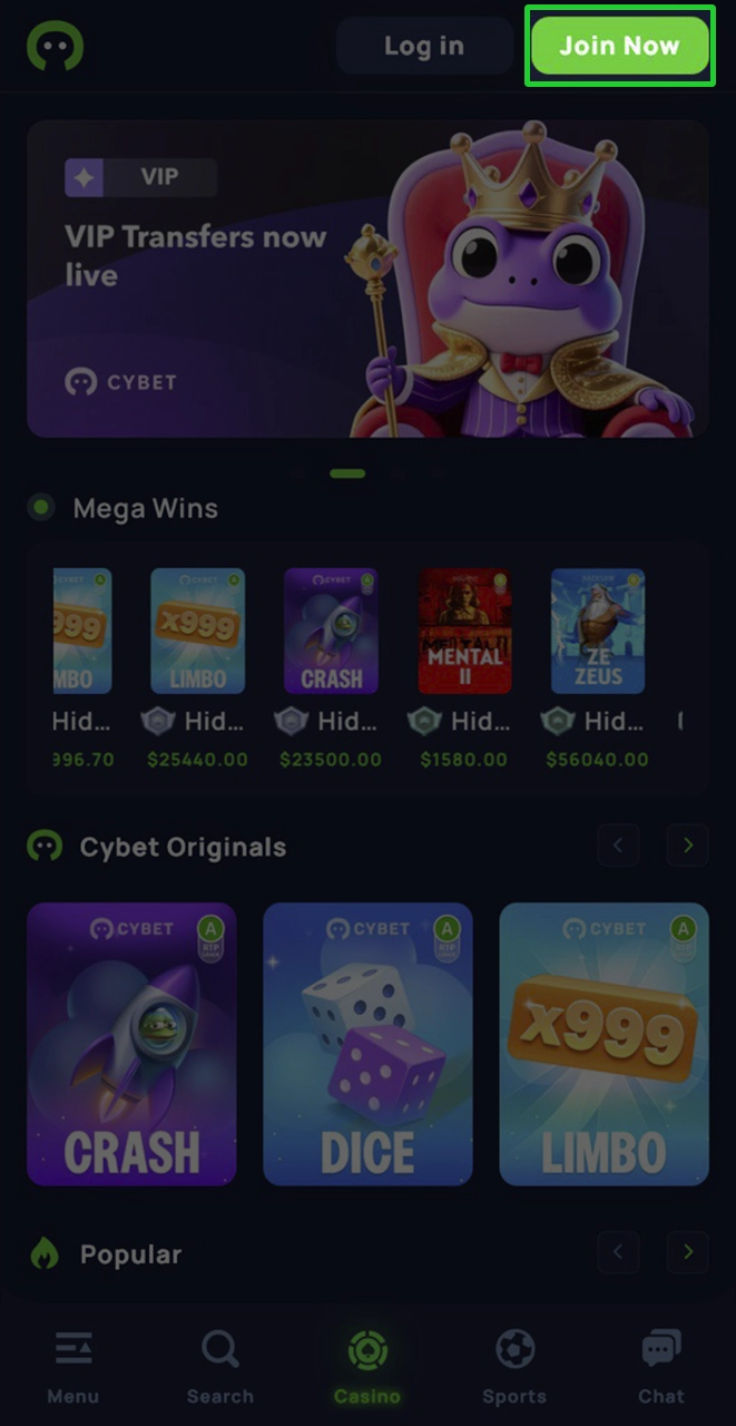 Click on the registration button at the top of the Cybet website screen.