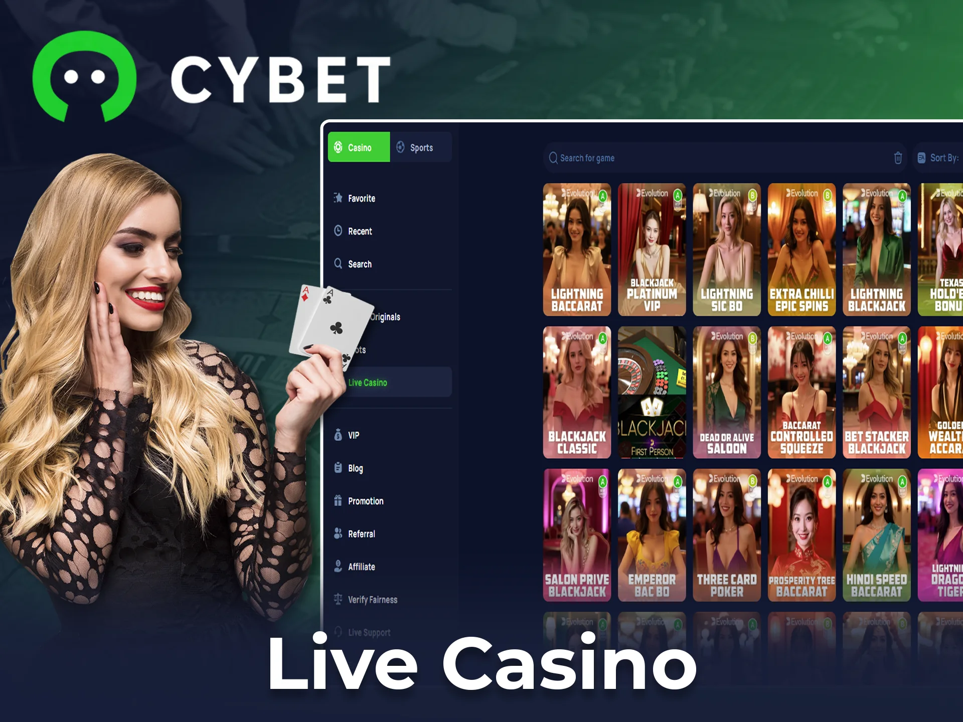 Place your bets with live dealers in the Cybet live casino section.