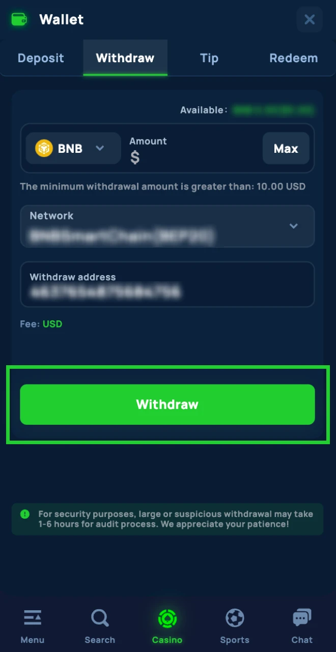 Please provide the information required to withdraw money from Cybet Online Casino.
