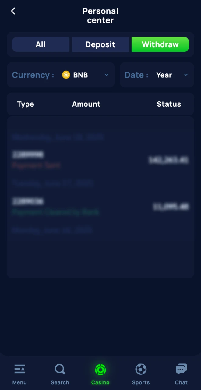 Once your withdrawal from Cybet Online Casino is complete, the information will appear in your account history.