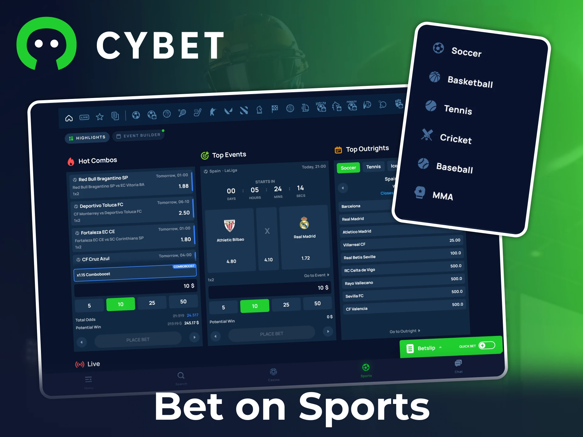 Find your favourite sport and place bets on live or pre-matches markets at Cybet.