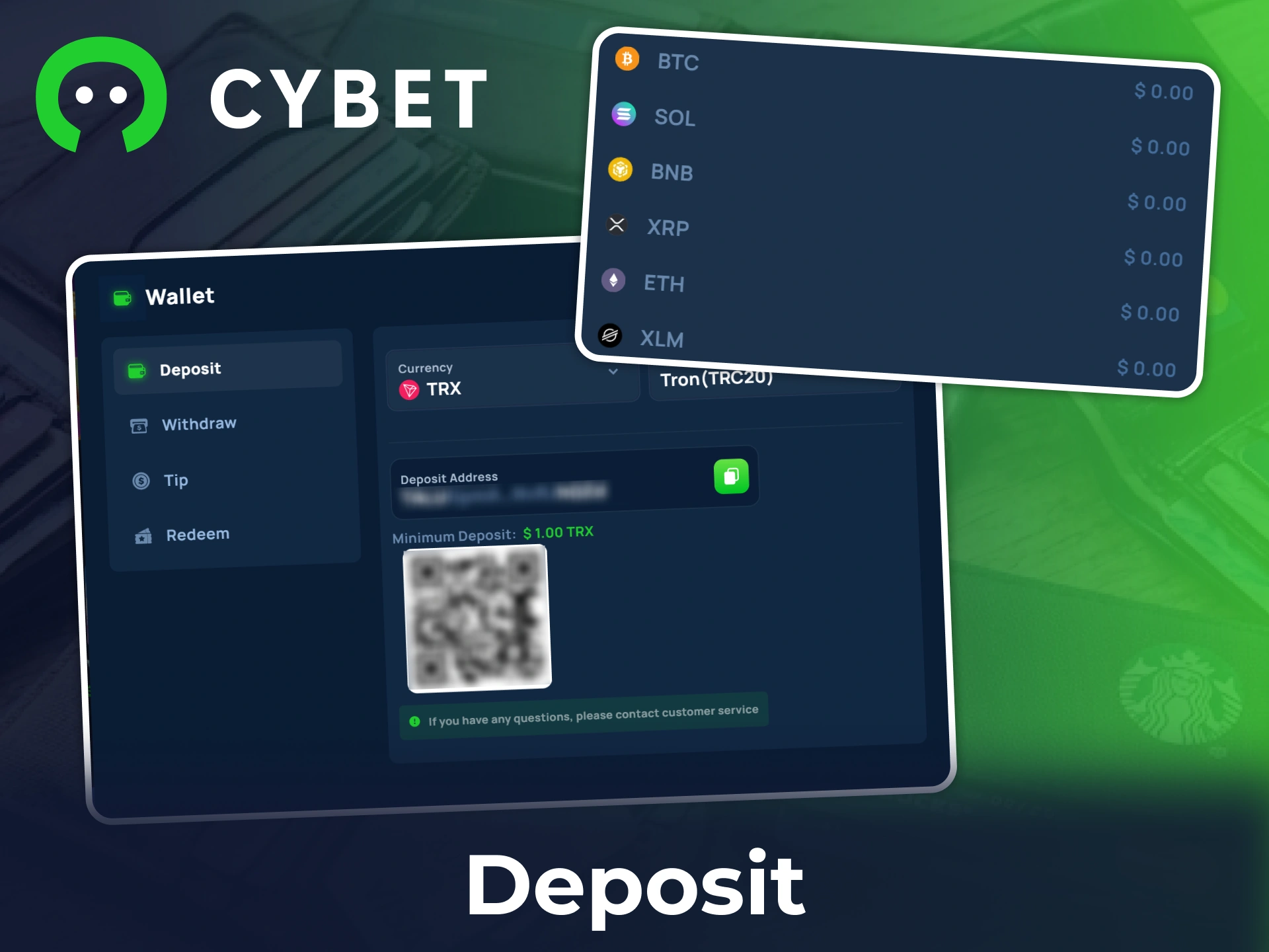 Choose cryptocurrency and top up your Cybet account.