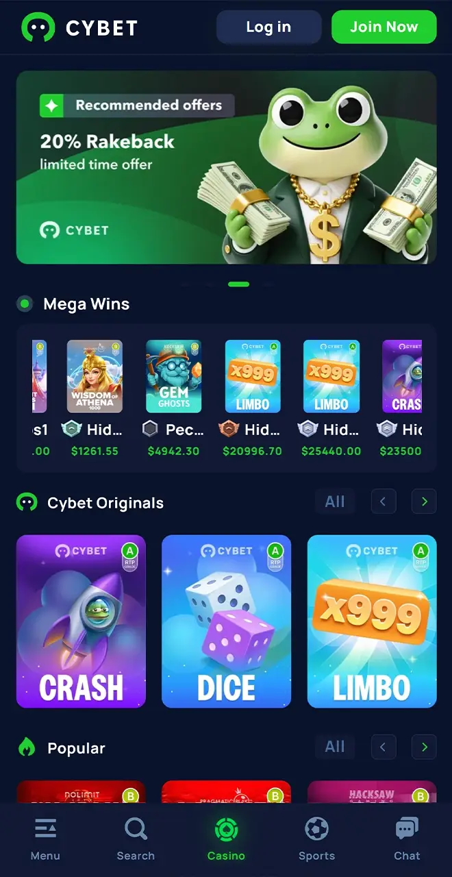 Cybet Mobile browser homepage.