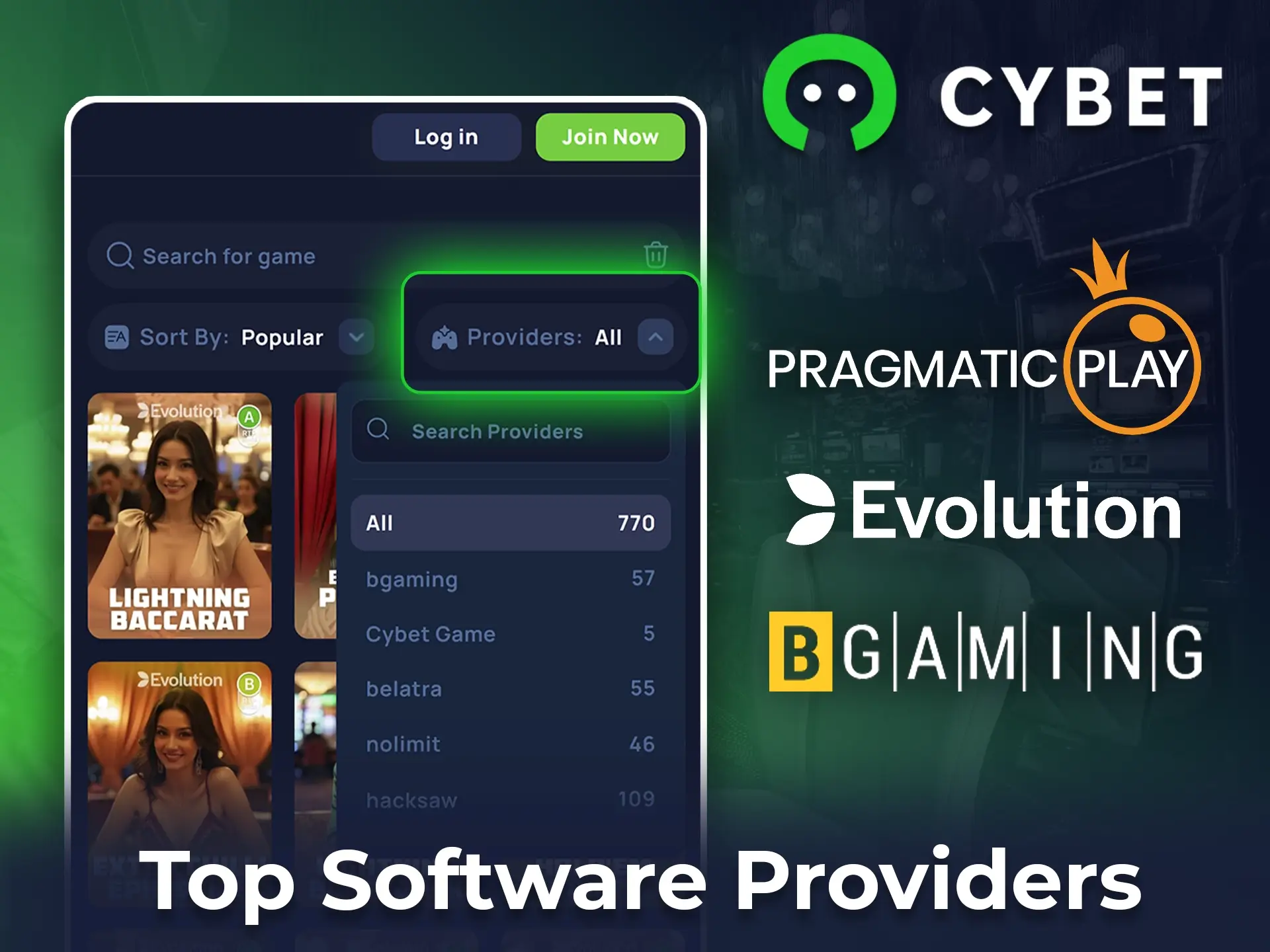 Cybet top providers like Pragmatic Play, Evolution, and BGaming