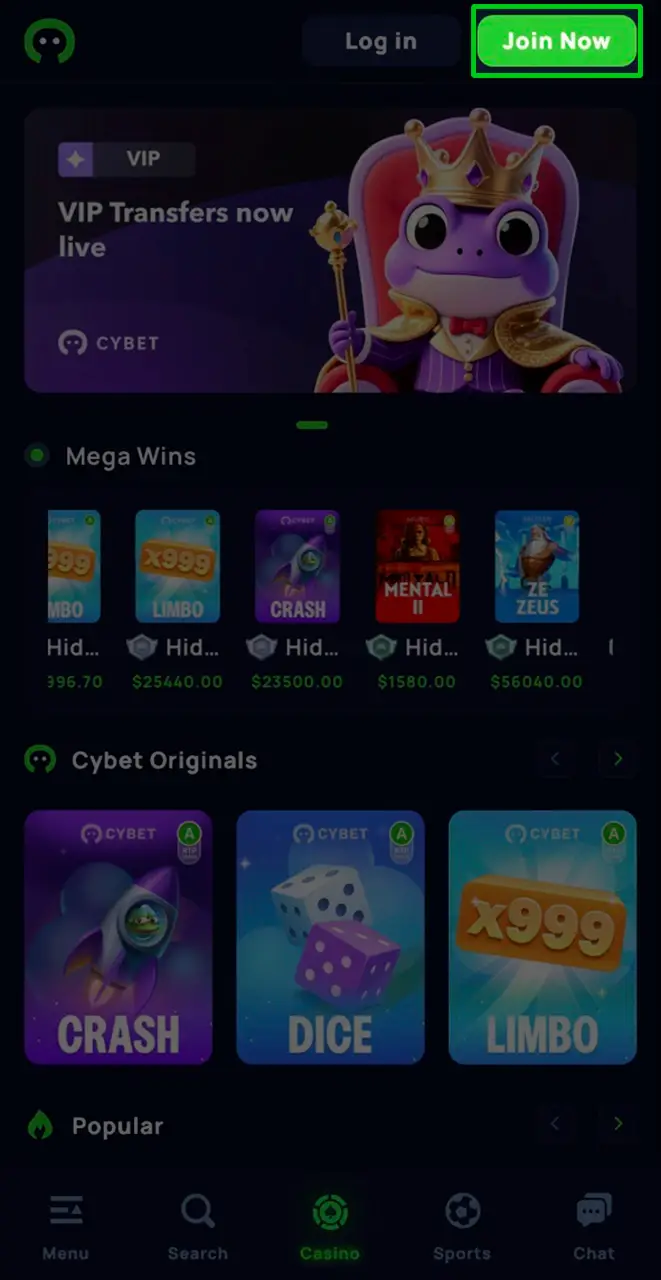 Registration button on Cybet website